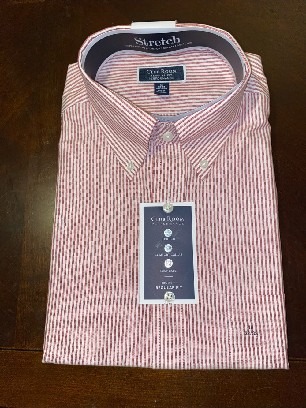 🆕 Macy’s Club Room Red & White Striped Button Down Cotton Dress Shirt